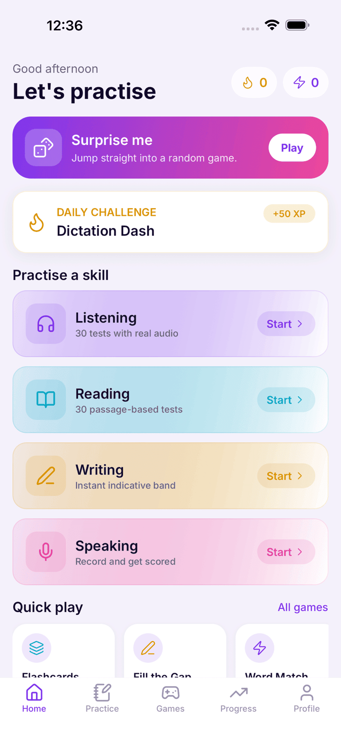 Language First home screen showing a personalised practice plan