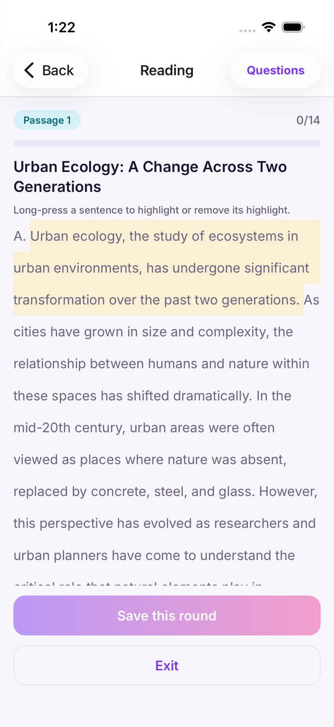 Reading screen with a highlighted passage