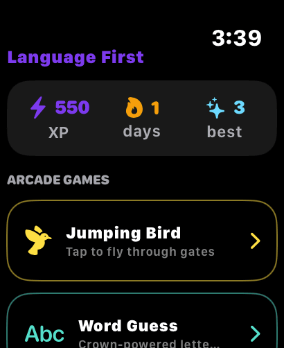 Apple Watch home screen showing XP, a streak and the arcade games list