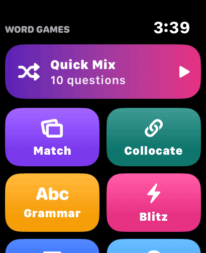 Apple Watch showing the word games menu with Quick Mix, Match and Collocate