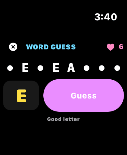 Playing Word Guess on Apple Watch, choosing a letter